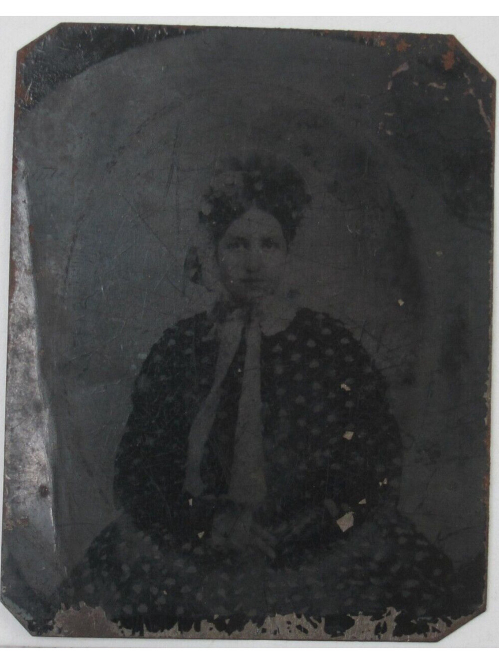 Tintype Photo Young Lady Woman Polka Dot Dress Bonnet Hat Ribbon Antique 1860s